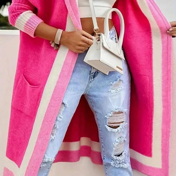 Hot Pink Casual Women's Stylish Contrast Color Hooded Knit Cardigan - Picture 2 of 4